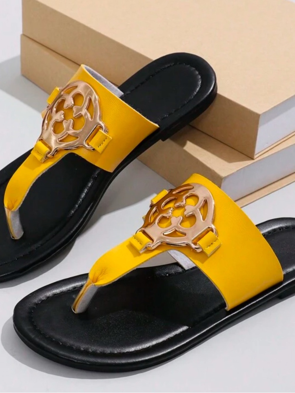 Yellow Leather Thong Sandals with Gold Accent